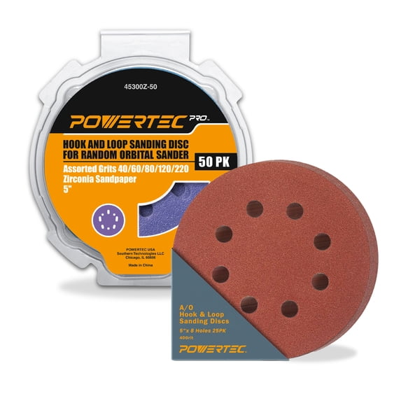 POWERTEC PRO 50PK 5" Hook and Loop Sanding Disc,40/60/80/120/220 Grit Zirconia Sandpaper for 5 & 8 Hole Random Orbital Sander & 25PK 5" 8 Hole Sanding Disc-Automotive,Paint,Metal,Woodworking, 45302ZN