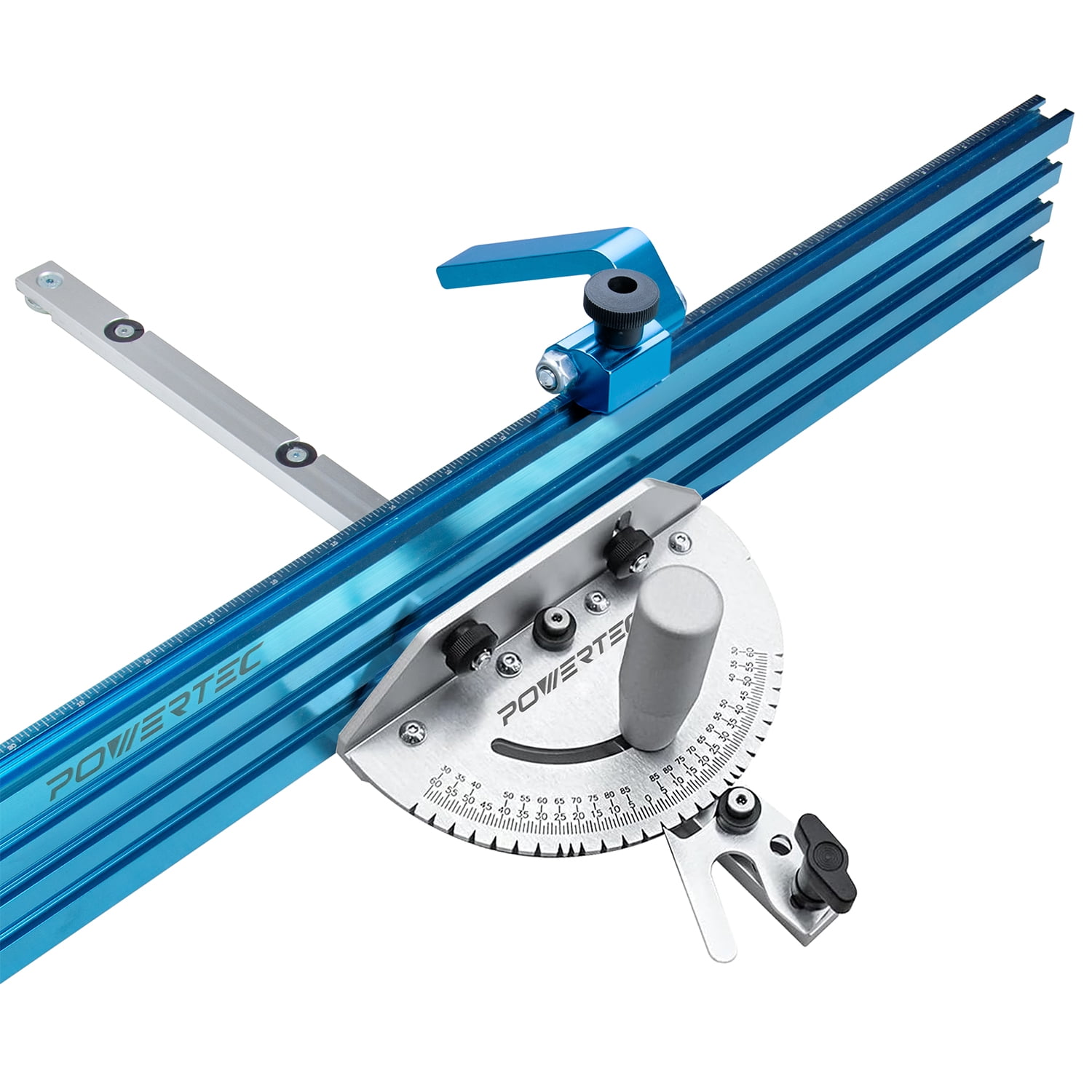 POWERTEC Table Saw Precision Miter Gauge System w/ 27 Angle Stops and 3/4”x 3/8”T-Slotted Miter Bar w/Removable T-Slot Plate; Includes 24”x 3” Multi T–Track Fence w/Scale, T-track Flip Stop, 71391