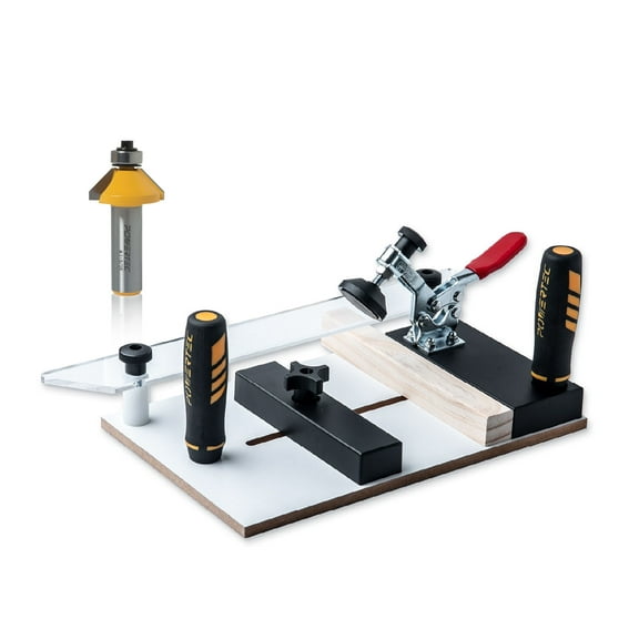 POWERTEC Rail Coping Sled with 45 Degree Chamfer Router Bit, Precise Cutting Rail and 1/2" Shank Tungsten Carbide Router Bit (1-3/16" Cutting Dia., 1/2" Depth) for Woodworking Tools and Jigs (72256N)