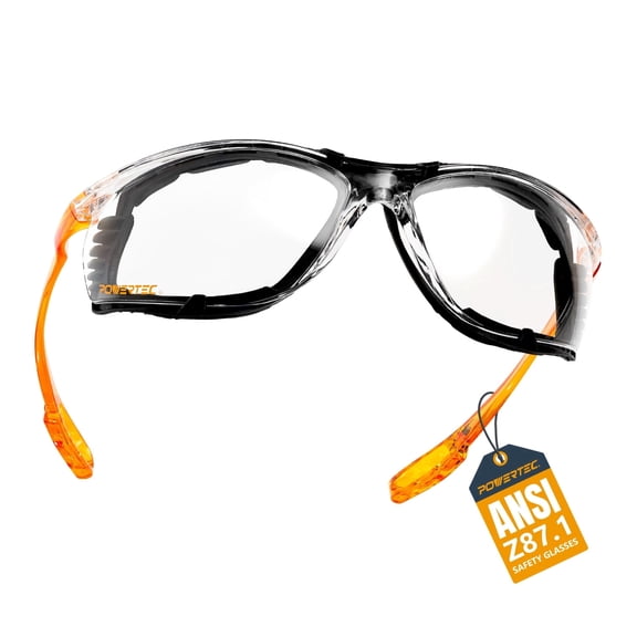 POWERTEC Safety Glasses ANSI Z87.1-2020, Clear Wraparound Protective Eyewear with Removable Foam Gasket, UV Protection for Construction, Woodworking & Jobsite Use (72317)