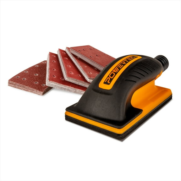 POWERTEC Sanding Block w/ 1" OD Dust Collection Port & Assorted Hook & Loop Sanding Pads (40, 80, 120, 180, 240 Grit, 10 Each), Block Sander for Woodworking, Auto Body, Paint, Drywall (71514)