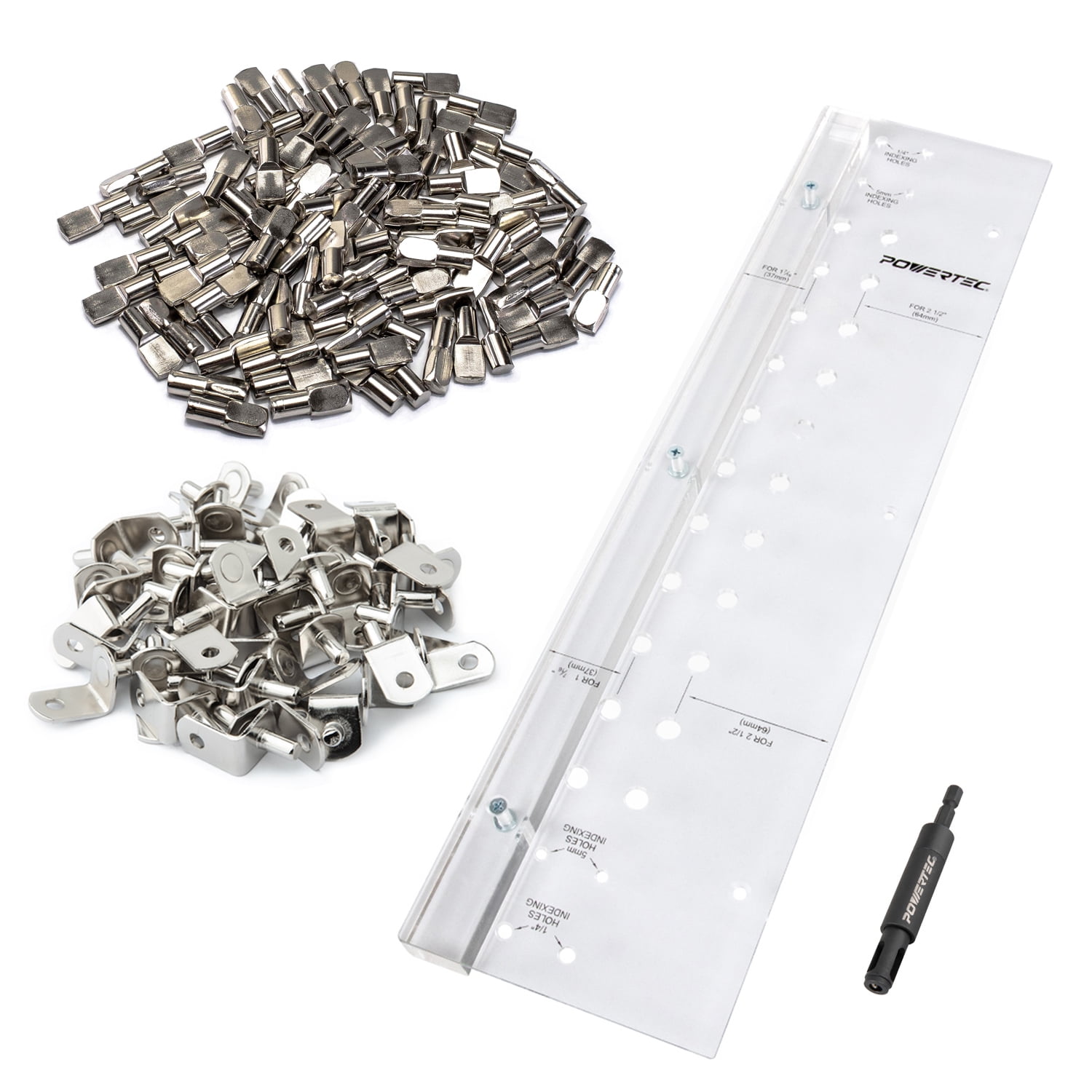 POWERTEC Shelf Pin Drilling Jig with 1/4 Inch Self Centering Bit, 100-PC 1/4" Spoon Shelf Pins and 50-PC L-Shaped Shelf Support Brackets with Hole (71909)