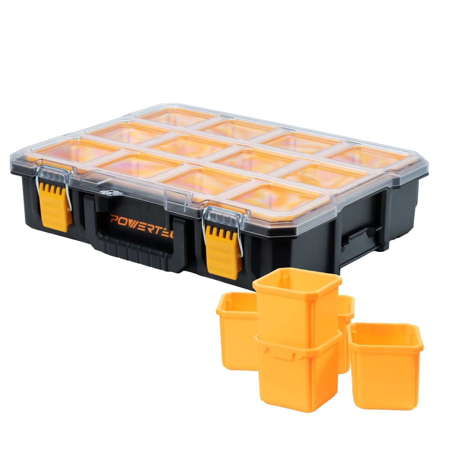 POWERTEC Small Parts Organizer & Tool Box – 10 Compartments, IP65 Water & Dust Protection, Stackable Storage with Interlocking Latch, Removable Tray, Clear Lid, Portable Design (72365)