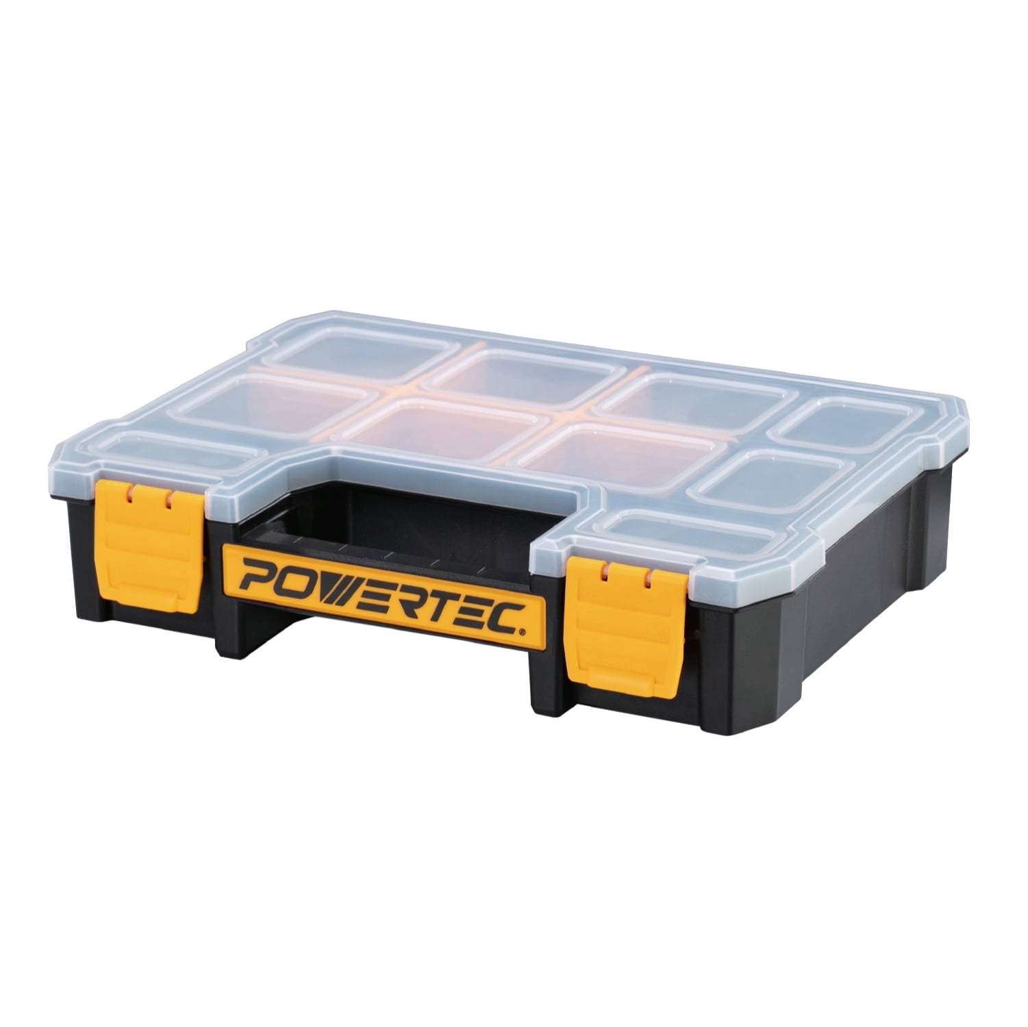 POWERTEC Small Parts Organizer & Tool Box – 10 Compartments, Stackable Storage with Removable Dividers, Clear Lid, Portable Design (72117N)
