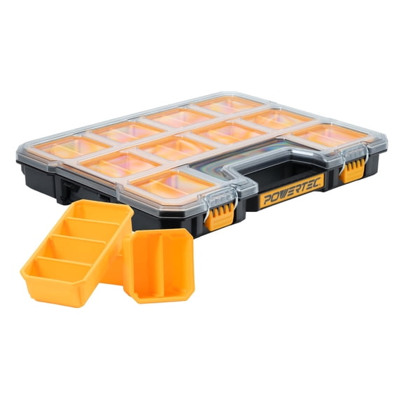 POWERTEC Small Parts Organizer & Tool Box – 20 Compartments, IP65 Water & Dust Protection, Stackable Storage with Interlocking Latch, Removable Bin, Dividers, Clear Lid, Portable Design (72366)