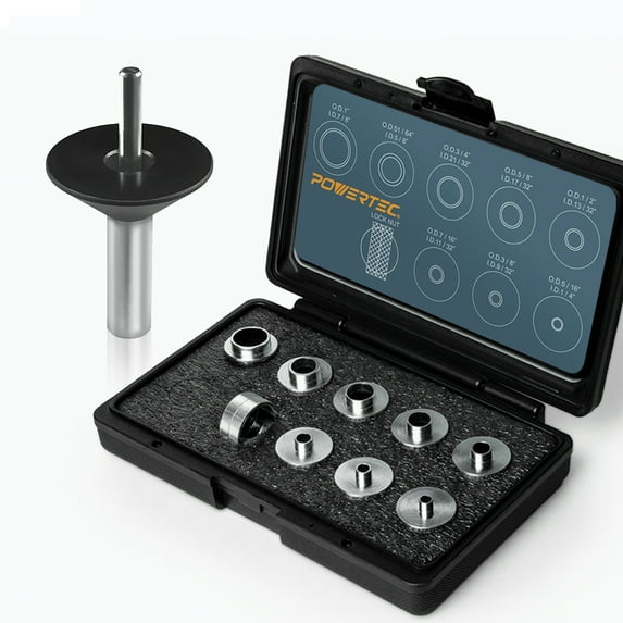 POWERTEC Solid Router Template Bushing Guides and Centering Pin with Cone, 5/16 to 1 Inch Bushings Fits All Porter Cable Style Router Sub Bases. Perfect for Precision Woodworking (72092N)