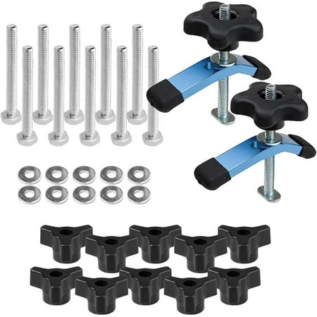 POWERTEC T Track Knob Kit w/Mini Hold Down Clamps, (Set of 10) 1/4-20 x 1-1/2" Hex Bolts & Washers, T Track Kit, T Track Accessories for Woodworking Jigs and Fixtures (71842)