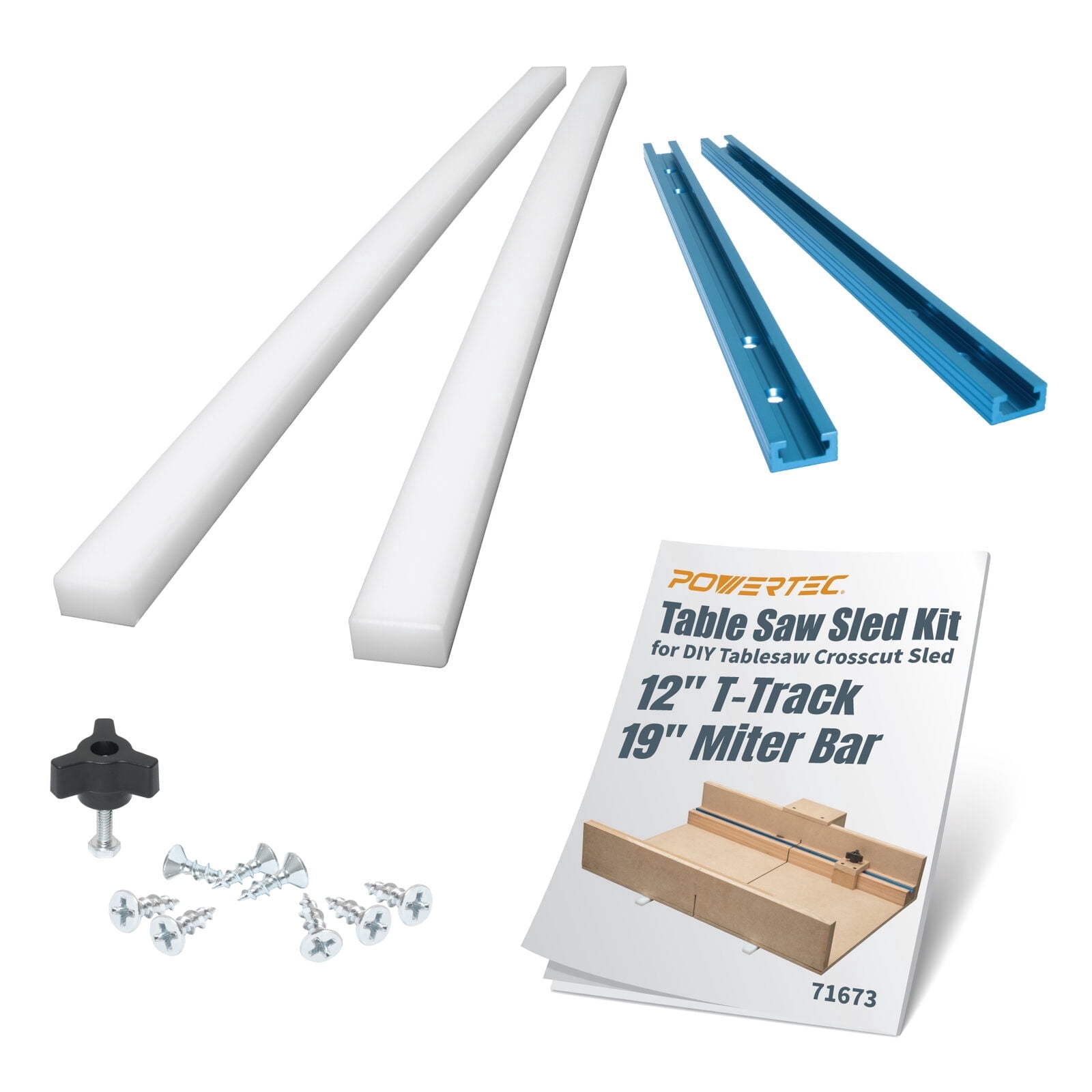 POWERTEC Table Saw Sled Kit w/ 12” T Track, 19” HDPE Miter Bar, Knob, Bolt & Screws Set for DIY Tablesaw Crosscut Sled, Fits 3/4" x 3/8" Miter Slot on Table Saws Wood Working & Accessories (71673)