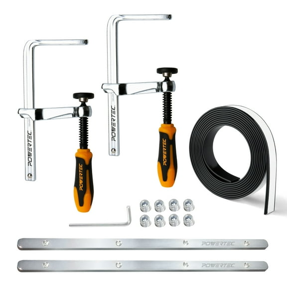 POWERTEC Track Saw Guide Rail Accessory Kit for Festool, Makita and DeWalt, Includes 55" Guide Rail Splinter Guard Replacement Strip, 2PK 5-3/8" Track Saw Clamps and 2PK Connectors (72047)