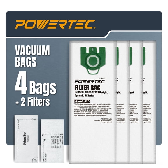 POWERTEC Type U 3D Airclean Vacuum Bags for Miele, 4PK Bags & 2 Filters, Replacement Filter Bags for Miele S7000-S7999 Upright and Dynamic U1 Series Vacuums (75144)