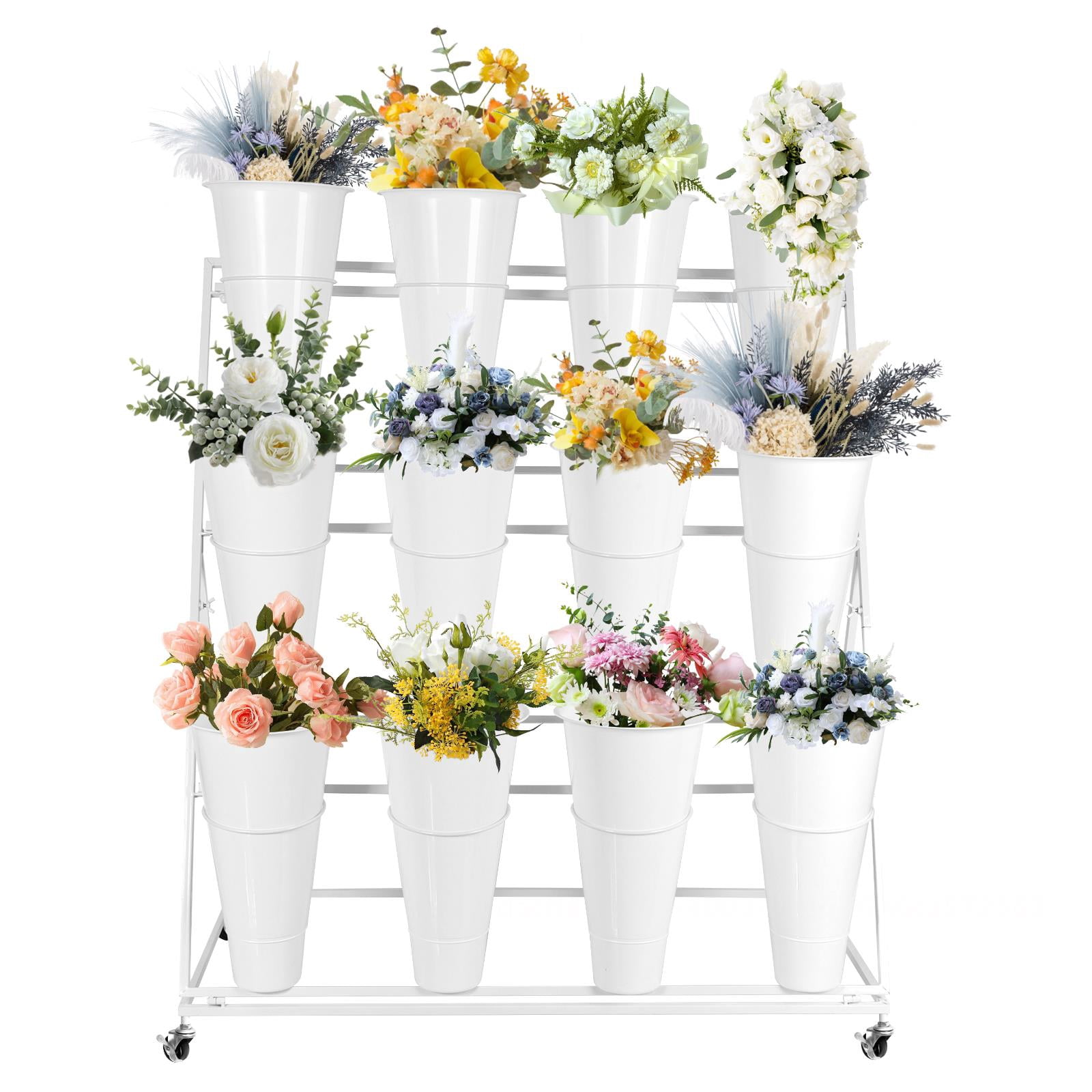 POWKOL 3 Layers Plant Stand, Metal Flower Display Rack with 12 White ...