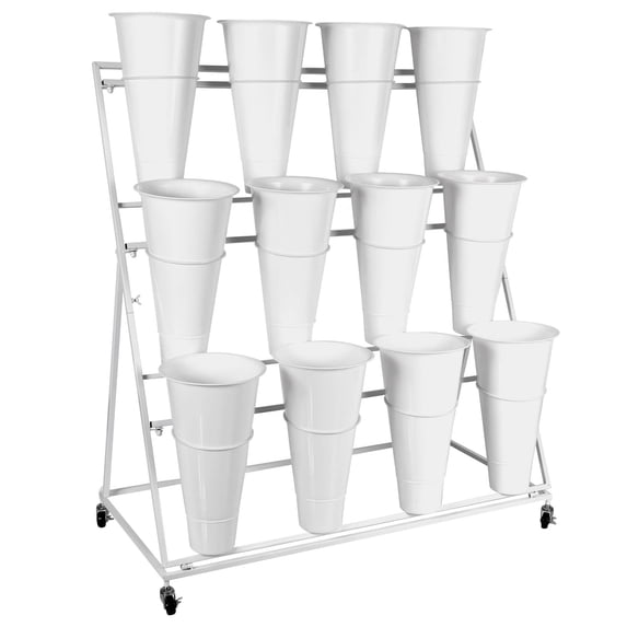 POWKOL 3 Layers Wrought Iron Plant Shelf, Movable Flower Display Stand with 12 White Round Buckets, Heavy Duty Florist Bouquet Rack for Patio, Garden, Fresh Flower Shop.