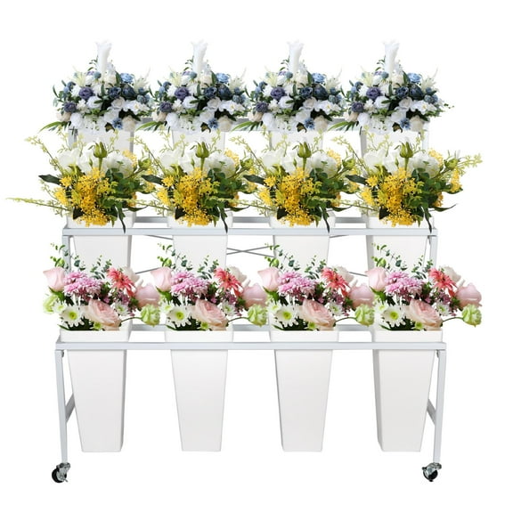 POWKOL 3 Layers Wrought Iron Plant Stand, 35.4 Inch Movable Flower Display Rack with 12 White Square Buckets, Heavy Duty Florist Bouquet Shelf for Patio, Garden, Fresh Flower Shop.