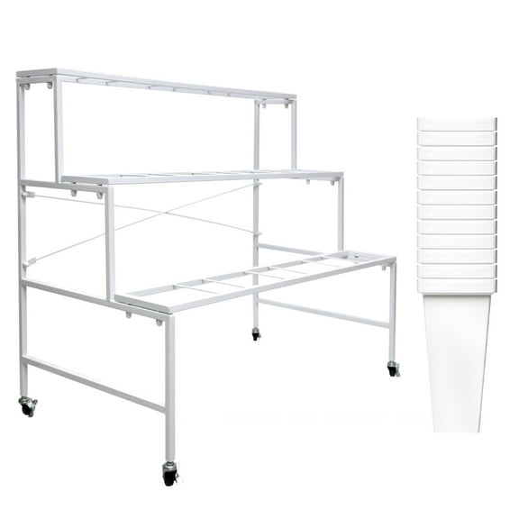 POWKOL 3 Layers Wrought Iron Plant Stand with 4 Wheels, Movable Flower Display Rack with 12 Square Buckets, Heavy Duty Florist Bouquet Shelf for Patio, Garden, Fresh Flower Shop.(White)