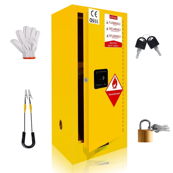 POWKOL Flammable Cabinet Yellow, 18.11 Inch x 18.11 Inch x 35.5 Inch Adjustable Shelf Flammable Storage Cabinet, for Commercial Industrial Home Use, 6 Gallon