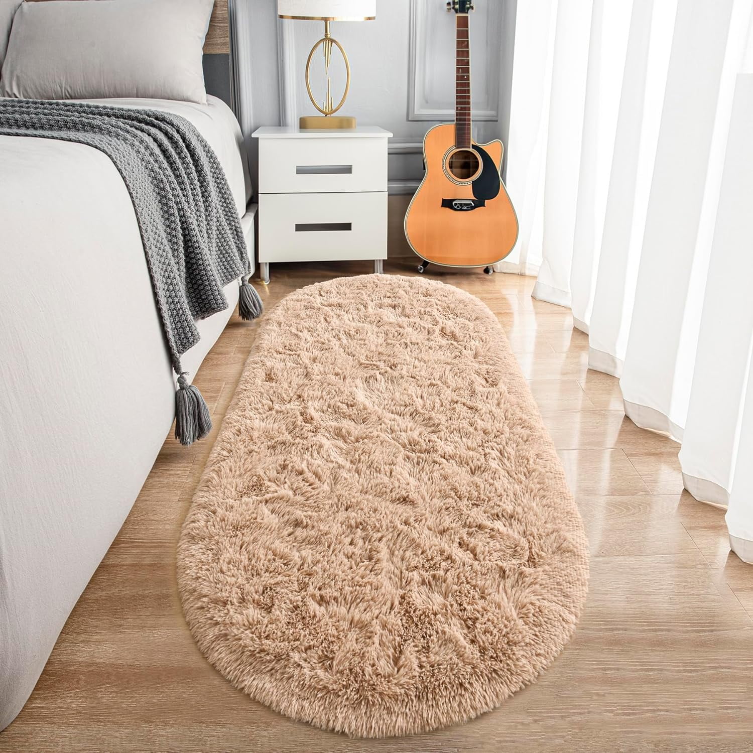 POWKOL Ultra Soft Fluffy Bedroom Rugs 2 X 5.3 Oval Beige Fluffy Rugs for Bedroom Small Throw Rugs Kids Room Carpet Modern Shaggy Area Rugs Home
