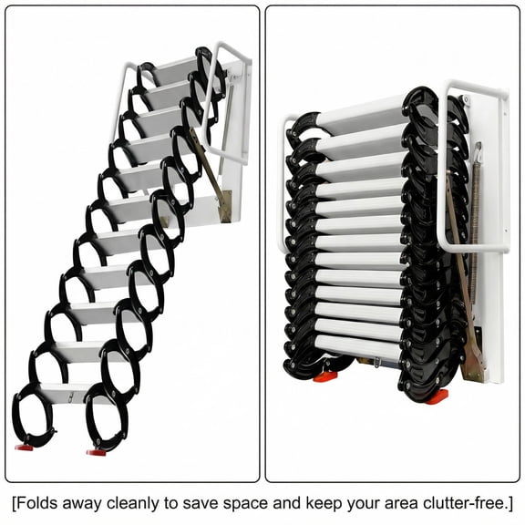 POWKOL Wall-Mounted Collapsible Stairs, 10 FT 12 Steps Loft Wall Step, 660 Lbs Load Non-Slip Attic Ladder with Armrests, for Home Loft, Storage Room, Attic Access, Black