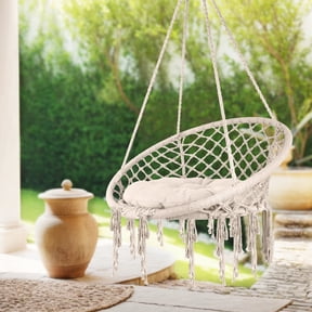 POWKOL Yard Hammock Chair, Hand-Woven Pure Cotton Rope Hanging Cradle Chair with Cushion, 330 Lbs Capacity Hanging Rocking Chair for Living Room, Yard, Garden, Balcony, Beige
