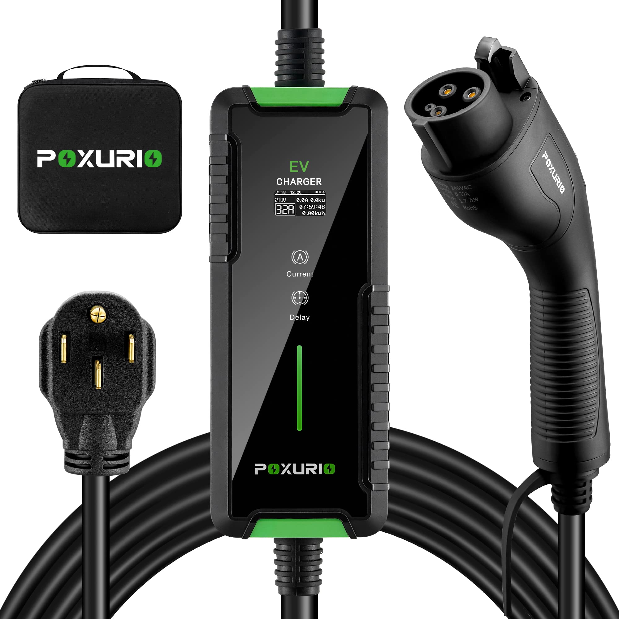 POXURIO Level 2 EV Charger, 240V 32Amp,NEMA 1450 Plug, 25ft Extension