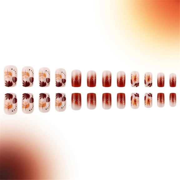 POYOGA 24 Pieces Acrylic Nail Short Square Glossy Maple Leaf Designs For Autumn