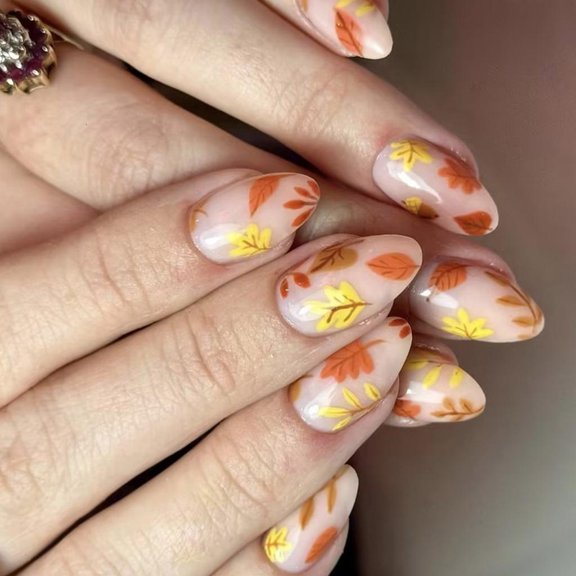 POYOGA 24Pcs Almond False Nails Set with Maple Leaf Designs Press on Nails