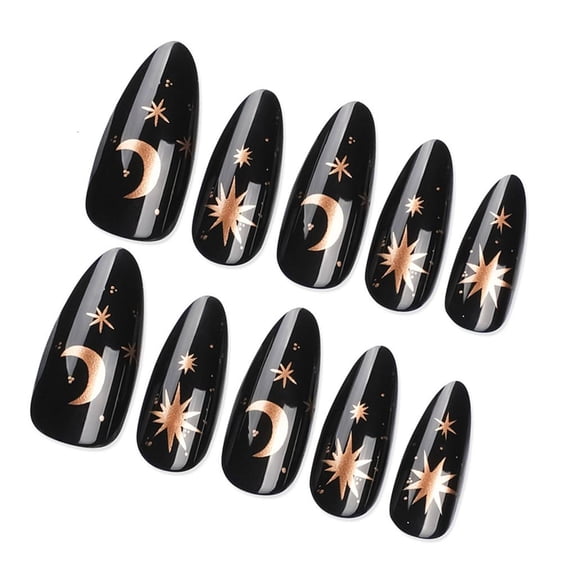 POYOGA 24Pcs Medium Press On Nail with Star Moon Designs Gothic Faux Nail for Women