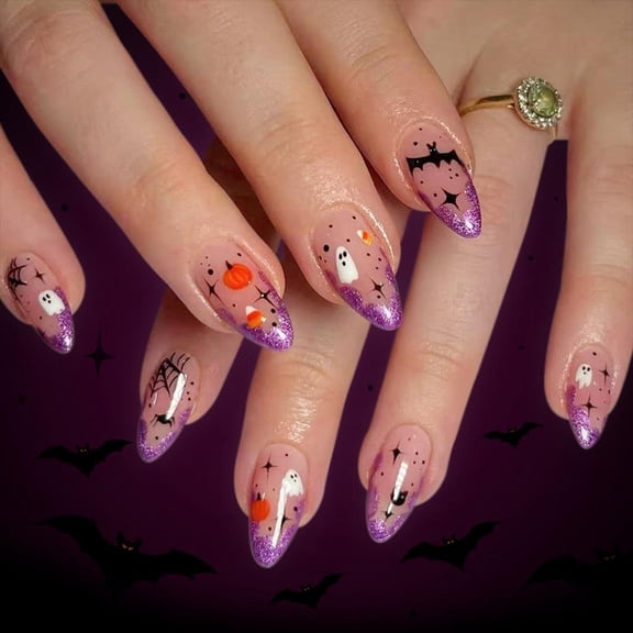 POYOGA 24Pcs Press on Nail Glow Cobweb Skeleton Faux Nail Set