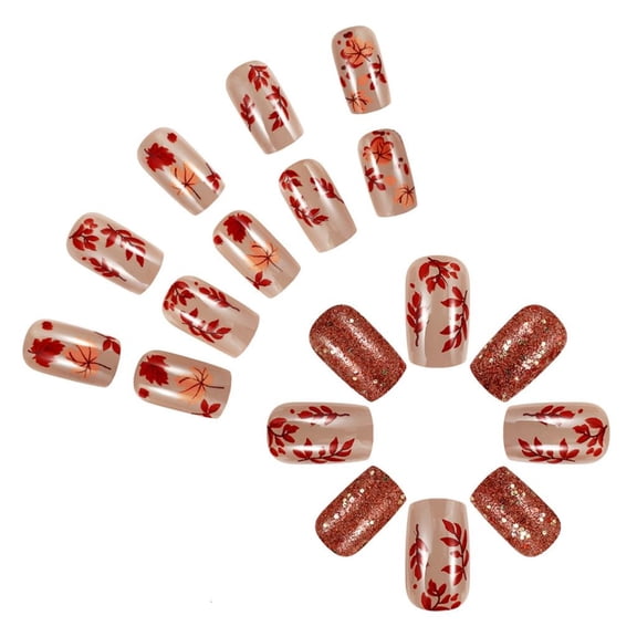 POYOGA 24Pcs Short Square Maple Leaf Press On Nail Stick on Nail For Thanksgiving