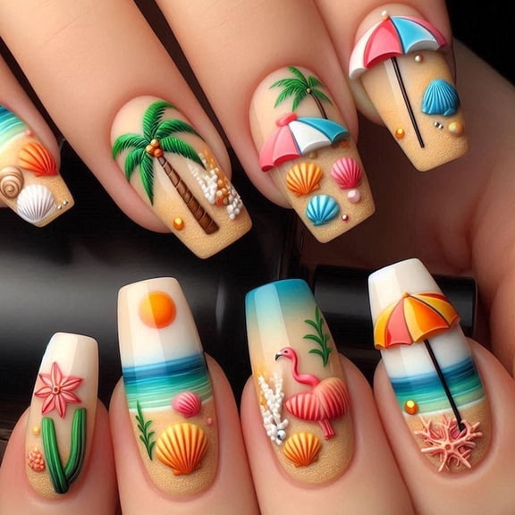 POYOGA 24pcs Medium Ballet Press on Nail Summer Beach Style Acrylic Stick on Nail