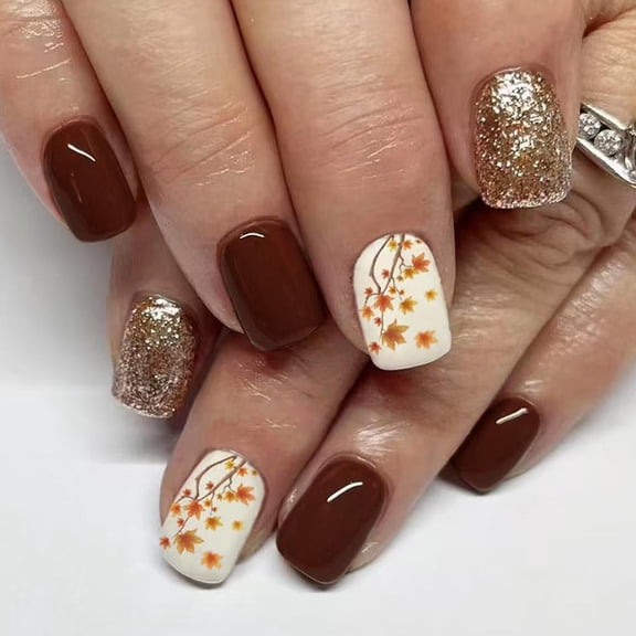 POYOGA 24pcs Short Square Glittering Nail Maple Leaf Design ABS Instantly Wear