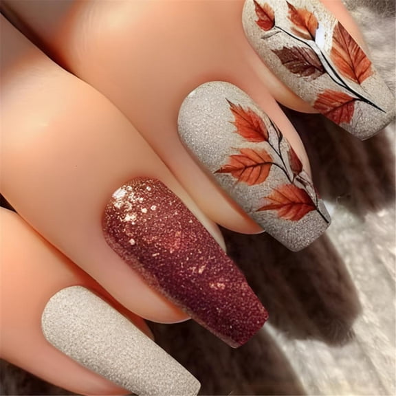 POYOGA 24pcs Thanksgiving Press on Nail Maple Leaf Nail Set For Easy Application