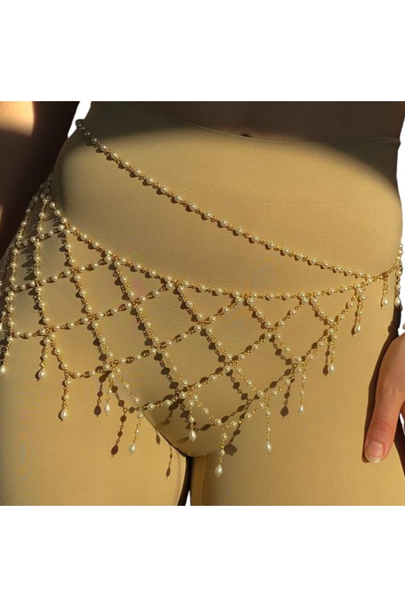 POYOGA Adjustable Mesh Waist Jewelry With Imitation Pearls Comfortable Evening Party Accessory
