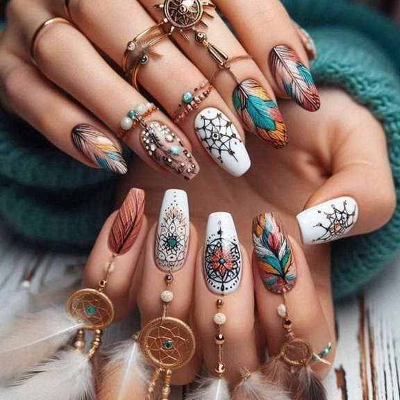 POYOGA Elegant Floral Medium Almond Press On Nail Full Cover Stick on Nail 24pcs