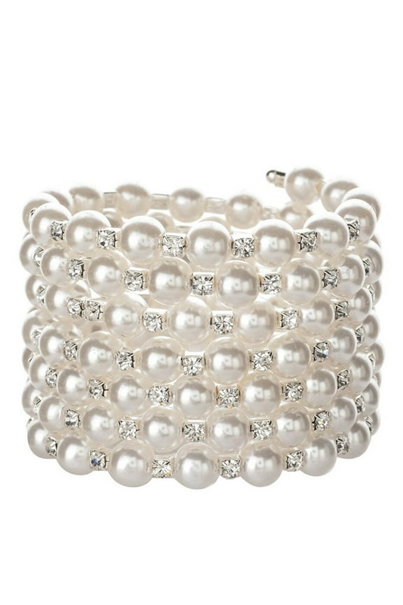 Gold/Silver Pearl Bracelet with Crystals and Sparkling Diamonds Pearl Elastic Bracelet-7 Rows Art Deco Bridal Jewelry