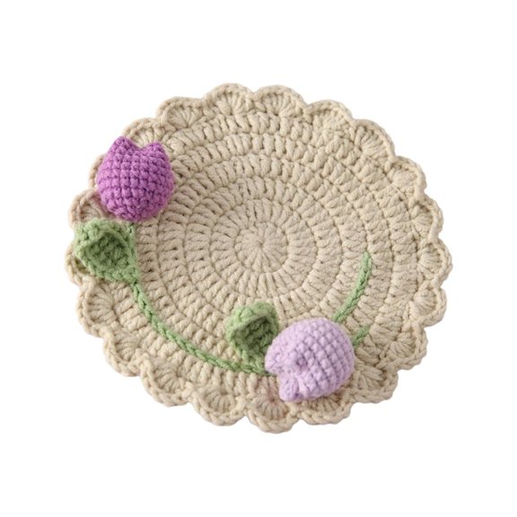POYOGA Handcrafted Snow Yarn Tulips Coaster Artistic Tabletop Decors For Living Room