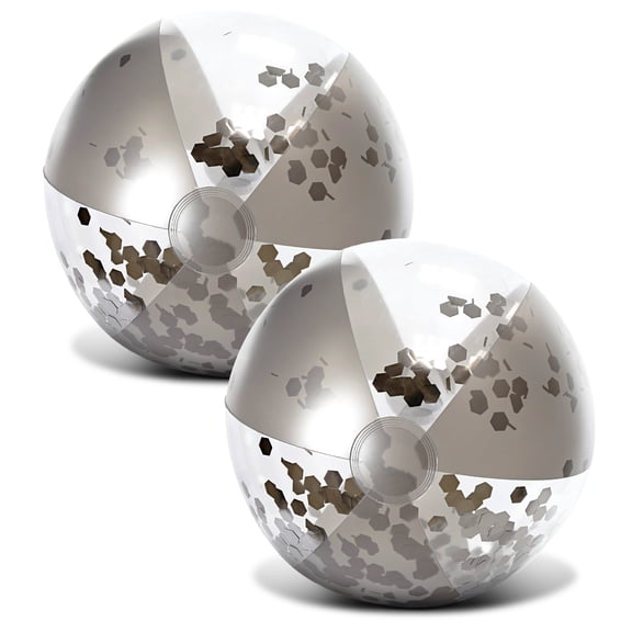 POZA 2 Silver Inflatable Beach Balls - Luxurious Blow Up Beach Ball with Sparkly Silver Confetti, Heavy Duty Vinyl Pool Balls For Kids and Adults, UV Resistant Pool Balls for Swimming Pool or Beach
