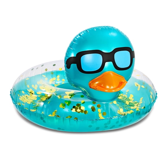 POZA Inflatable Duck Pool Float Tube- Heavy Duty Vinyl UV Resistant Confetti Blow Up Duck Floatie, Animal Pool Float Swim Ring Inflatables for Kids and Adults for Beach, Party, Vacation - Blue Gold