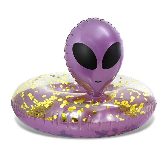 POZA Inflatable Alien Pool Float Tube - Heavy Duty Vinyl UV Resistant Confetti Pool Alien Floatie, Cool Pool Float Swim Ring Pool Inflatables for Kids, Adults for Beach, Party, Vacation - Purple Gold