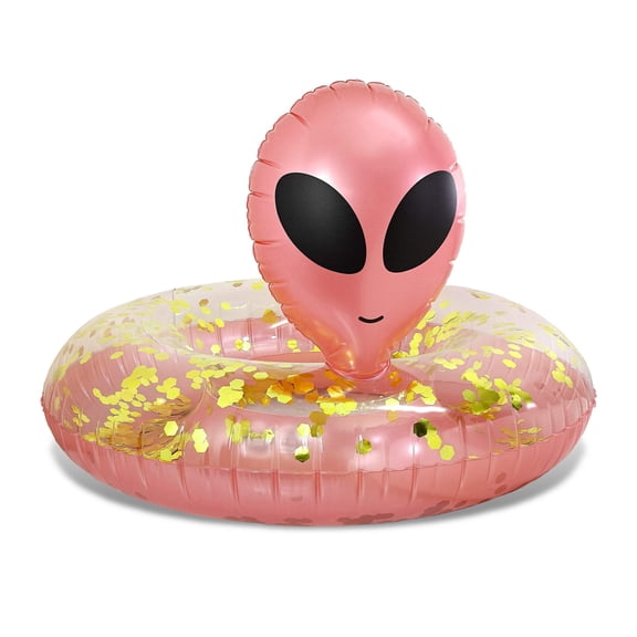 POZA Inflatable Alien Pool Float Tube - Heavy Duty Vinyl UV Resistant Confetti Pool Alien Floatie, Cool Pool Float Swim Ring Pool Inflatables for Kids, Adults for Beach, Party, Vacation - Rose Gold