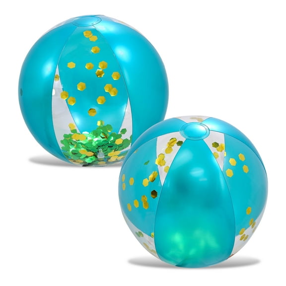 POZA Inflatable Glitter Beach Balls, PVC Blue and Gold/Beach Party Theme, 6'', 2 Pieces