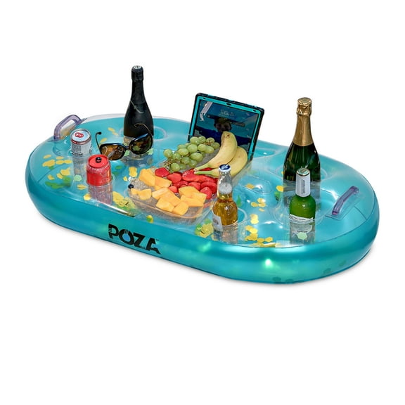 POZA Inflatable Blue Gold Floating Cooler - Luxurious Drink Holder Filled with Sparkly Confetti, Premium Party Float with 8 Holders, Serving Bar for Beach, Lake, Hot Tub and Pool - 39x23 Inch