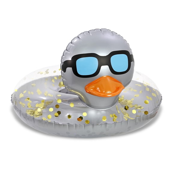 POZA Inflatable Duck Pool Float Tube- Heavy Duty Vinyl UV Resistant Confetti Pool Duck Floatie, Animal Swim Ring Inflatables for Kids and Adults for Beach, Party, Vacation -36 Inches - Silv
