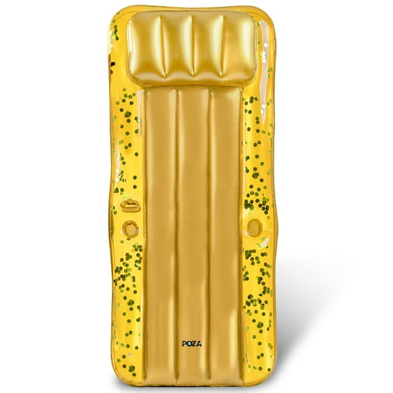 POZA Inflatable Giant Gold Pool Mattress - Big Luxurious Pool Float Lounger Filled with Gold Sparkle Confetti, Premium Thick Air Mat, Built in Headrest, Phone Holder, and Cup Holders - 76x32 Inches