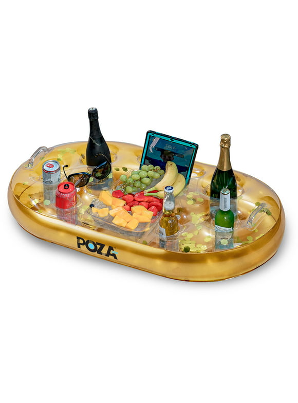 POZA Inflatable Gold Floating Cooler - Luxurious Drink Holder Filled with Sparkly Confetti, Premium Party Float With 8 Holders, Serving Bar for Beach, Lake, Hot Tub, Jacuzzi and Pool - 39x23 Inches