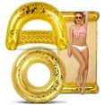 thumbnail image 1 of POZA Inflatable Gold Pool Floats Seating Bundle - Premium Luxurious Loungers Filled With Sparkle Gold Confetti, 36" Tube, 48" Pool Chair, and 56" Water Hammock Set - 3 Pieces Pack, 1 of 7