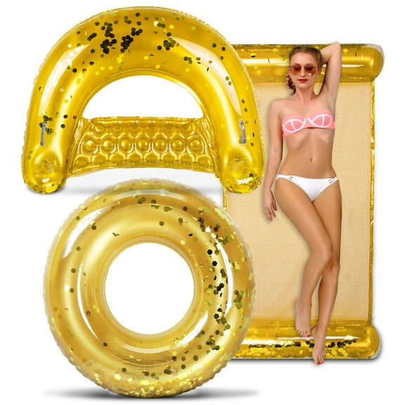 POZA Inflatable Gold Pool Floats Seating Bundle - Premium Luxurious Loungers Filled With Sparkle Gold Confetti, 36" Tube, 48" Pool Chair, and 56" Water Hammock Set - 3 Pieces Pack