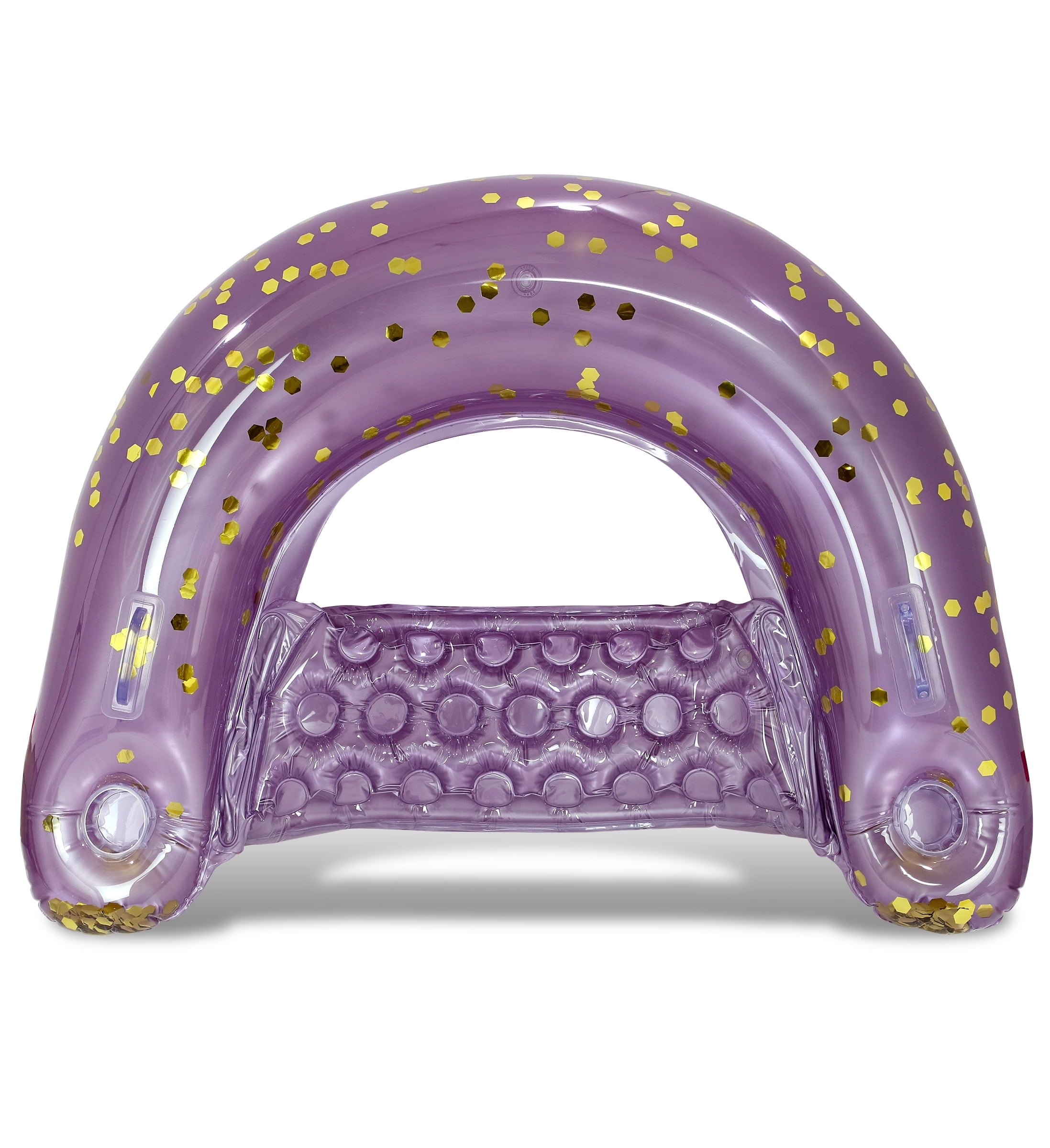 POZA Inflatable Pool Float Chair - Sparkle Confetti Lounge Inflatable Pool Floats, 2 Built-In Cup Holders and Handles, Adult Lounger Floating Chair for Beach, Lake - 48x38 Inches - Purple Gold