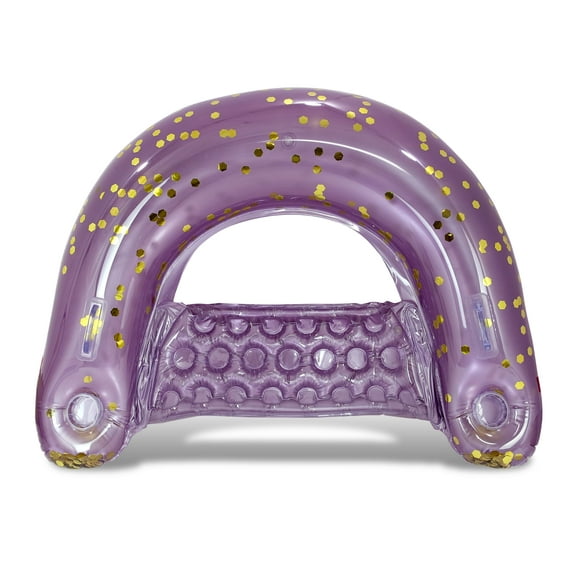 POZA Inflatable Pool Float Chair - Sparkle Confetti Lounge Inflatable Pool Floats, 2 Built-In Cup Holders and Handles, Adult Lounger Floating Chair for Beach, Lake - 48x38 Inches - Purple Gold