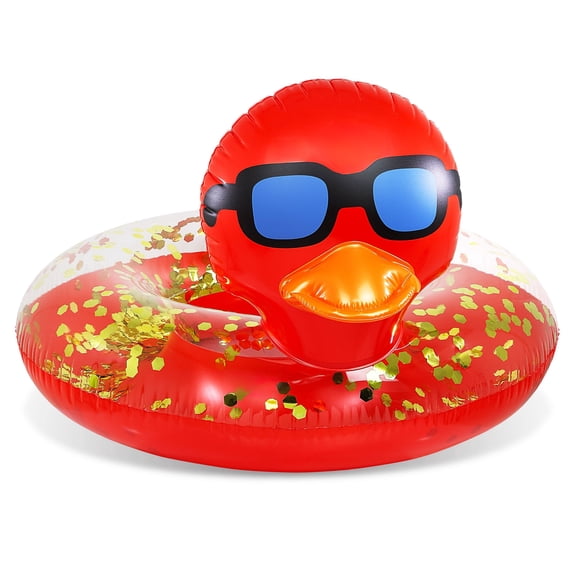 POZA Inflatable Red Gold Duck Pool Float Tube - Luxurious Swim Ring for Pool, Beach, Lake, Sparkle Confetti-Filled Beach Float Lounger for Kids and Adults - 36x23 inches
