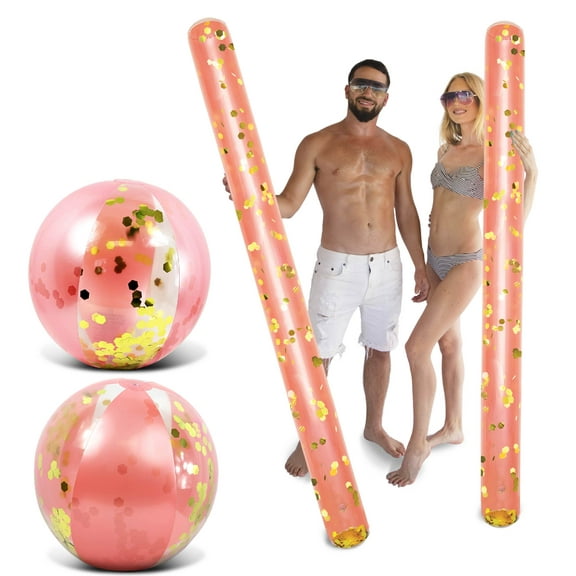 POZA Inflatable Rose Gold Beach Balls and Giant Pool Noodles - Premium Luxurious 16" Beach Balls and 74" Water Floating Noodles Filled with Gold Sparkle Confetti, Pool Party Float Decorations - 4 Pack